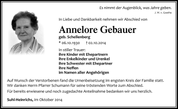 Traueranzeige von Annelore Gebauer von Südthüringer Presse