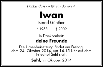 Traueranzeige von Bernd Günther von Südthüringer Presse