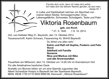 Traueranzeige von Viktoria Rosenbaum von Frankenpost