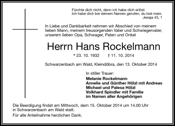 Traueranzeige von Hans Rockelmann von Frankenpost
