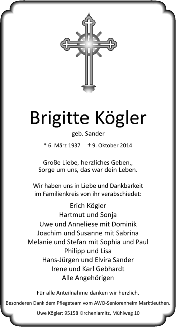 Traueranzeige von Brigitte Kögler von Frankenpost
