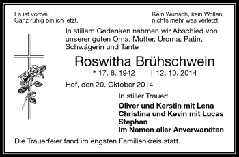 Traueranzeige von Roswitha Brühschwein von Frankenpost