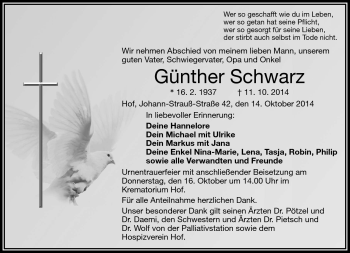 Traueranzeige von Günther Schwarz von Frankenpost