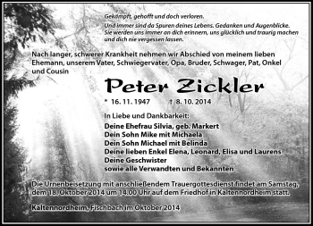 Traueranzeige von Peter Zickler von Südthüringer Presse