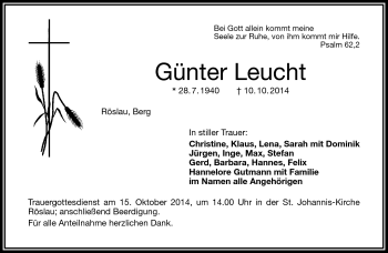 Traueranzeige von Günter Leucht von Frankenpost