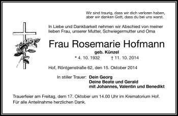 Traueranzeige von Rosemarie Hofmann von Frankenpost