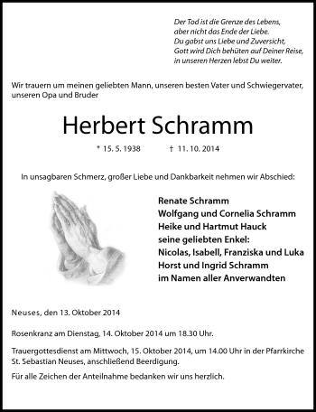 Traueranzeige von Herbert Schramm von Neue Presse Coburg