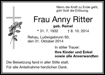 Traueranzeige von Anny Ritter von Frankenpost
