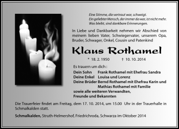 Traueranzeige von Klaus Rothamel von Südthüringer Presse