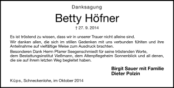 Traueranzeige von Betty Höfner von Neue Presse Coburg