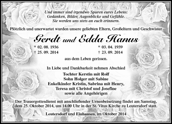 Traueranzeige von Edda und Gerdt Hanus von Südthüringer Presse
