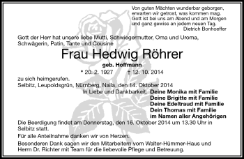 Traueranzeige von Hedwig Röhrer von Frankenpost