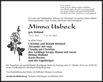 Traueranzeige von Minna Usbeck von Südthüringer Presse