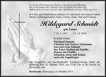Traueranzeige von Hildegard Schmidt von Südthüringer Presse