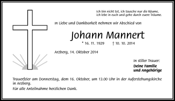 Traueranzeige von Johann Mannert von Frankenpost