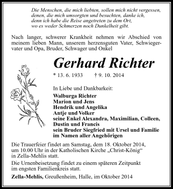 Traueranzeige von Gerhard Richter von Südthüringer Presse