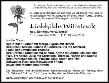 Traueranzeige von Liebhilde Wittstock von Südthüringer Presse