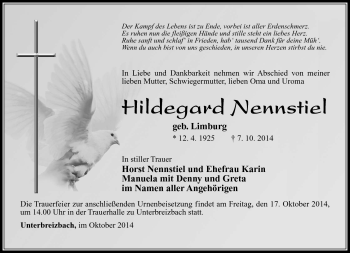 Traueranzeige von Hildegard Nennstiel von Südthüringer Presse
