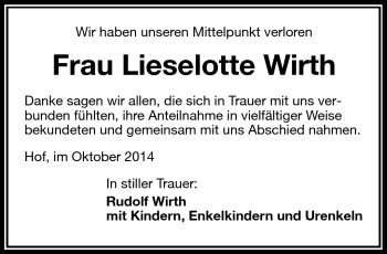 Traueranzeige von Lieselotte Wirth von Frankenpost
