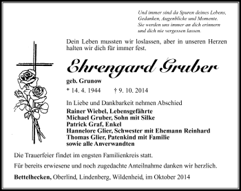 Traueranzeige von Ehrengard Gruber von Südthüringer Presse