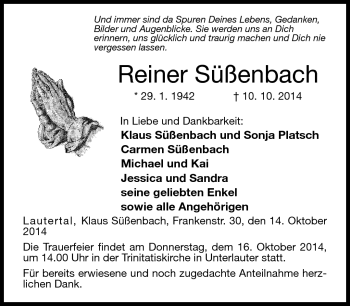 Traueranzeige von Reiner Süßenbach von Neue Presse Coburg