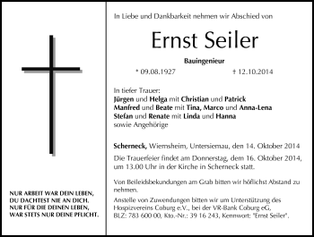 Traueranzeige von Ernst Seiler von Neue Presse Coburg