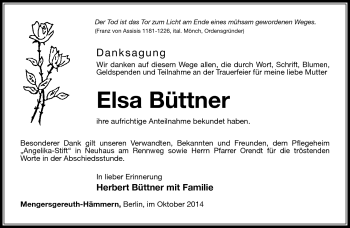 Traueranzeige von Elsa Büttner von Südthüringer Presse