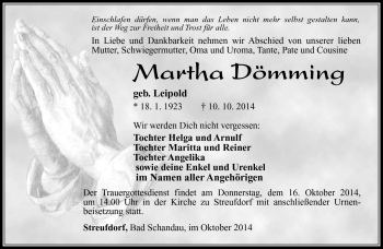 Traueranzeige von Martha Dömming von Südthüringer Presse