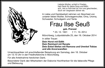 Traueranzeige von Ilse Seuß von Frankenpost