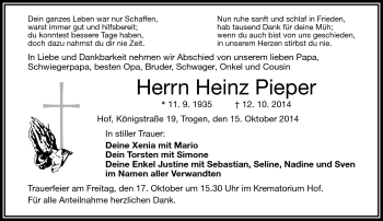 Traueranzeige von Heinz Pieper von Frankenpost