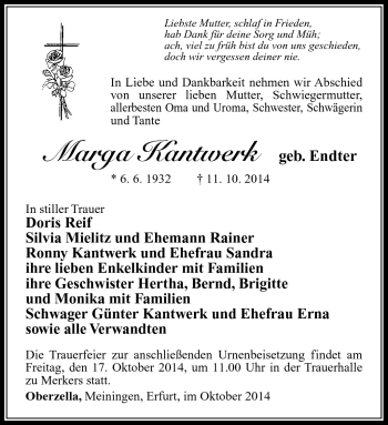 Traueranzeige von Marga Kantwerk von Südthüringer Presse