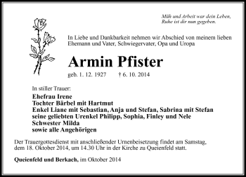 Traueranzeige von Armin Pfister von Südthüringer Presse