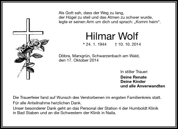 Traueranzeige von Hilmar Wolf von Frankenpost