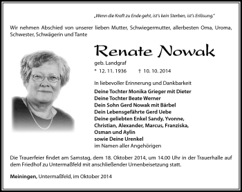 Traueranzeige von Renate Nowak von Südthüringer Presse