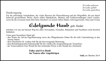 Traueranzeige von Edelgunde Haub von Südthüringer Presse