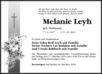 Traueranzeige von Melanie Ley von Südthüringer Presse