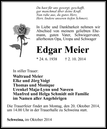 Traueranzeige von Edgar Meier von Südthüringer Presse