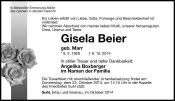 Traueranzeige von Gisela Beier von Südthüringer Presse