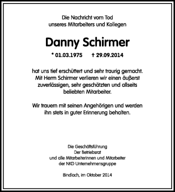 Traueranzeige von Danny Schirmer von Frankenpost