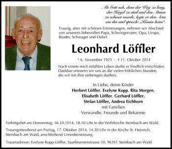 Traueranzeige von Leonhard Löffler von Neue Presse Coburg