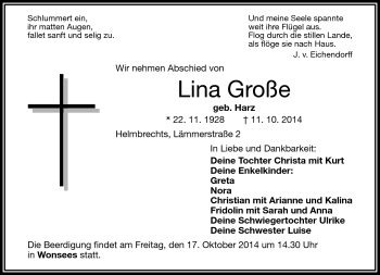 Traueranzeige von Lina Große von Frankenpost