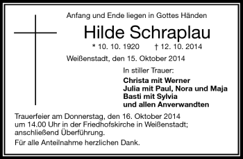 Traueranzeige von Hilde Schraplau von Frankenpost