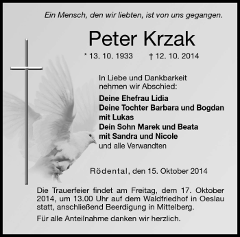 Traueranzeige von Peter Krzak von Neue Presse Coburg