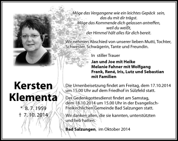 Traueranzeige von Kersten Klementa von Südthüringer Presse