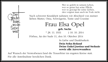 Traueranzeige von Elsaq Opel von Frankenpost