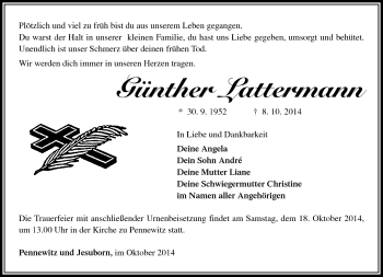 Traueranzeige von Günther Lattermann von Südthüringer Presse