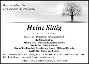 Traueranzeige von Heinz Sittig von Südthüringer Presse