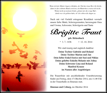 Traueranzeige von Brigitte Traut von Südthüringer Presse