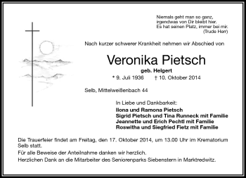Traueranzeige von Veronika Pietsch von Frankenpost