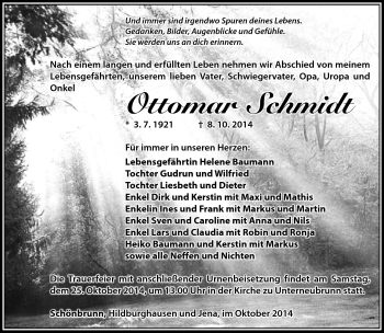 Traueranzeige von Ottomar Schmidt von Südthüringer Presse